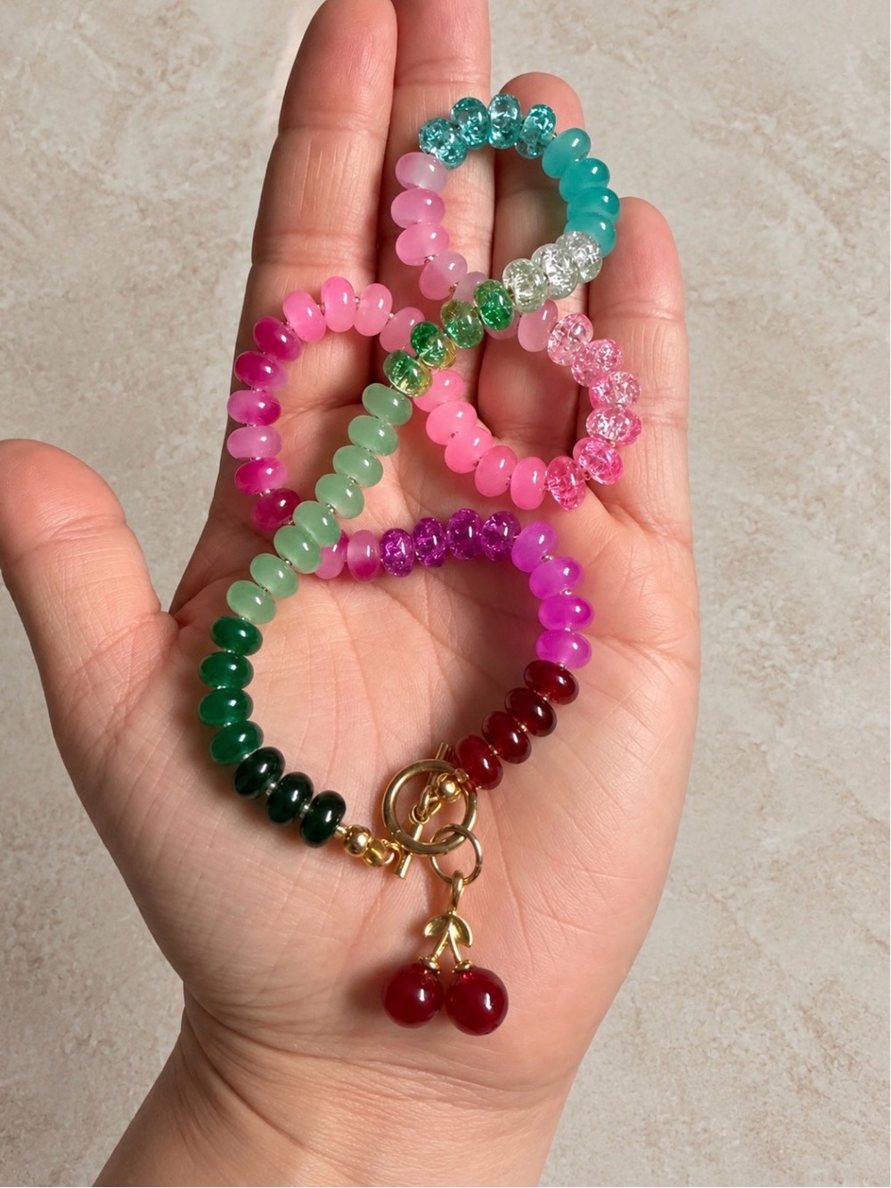 Colorful Glass Bead Bracelet with Cherry Charm - Pink, Green, Teal & Red